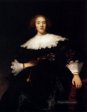  rembrandt Pintura al %C3%B3leo - Retrato de una mujer joven con un abanico Rembrandt